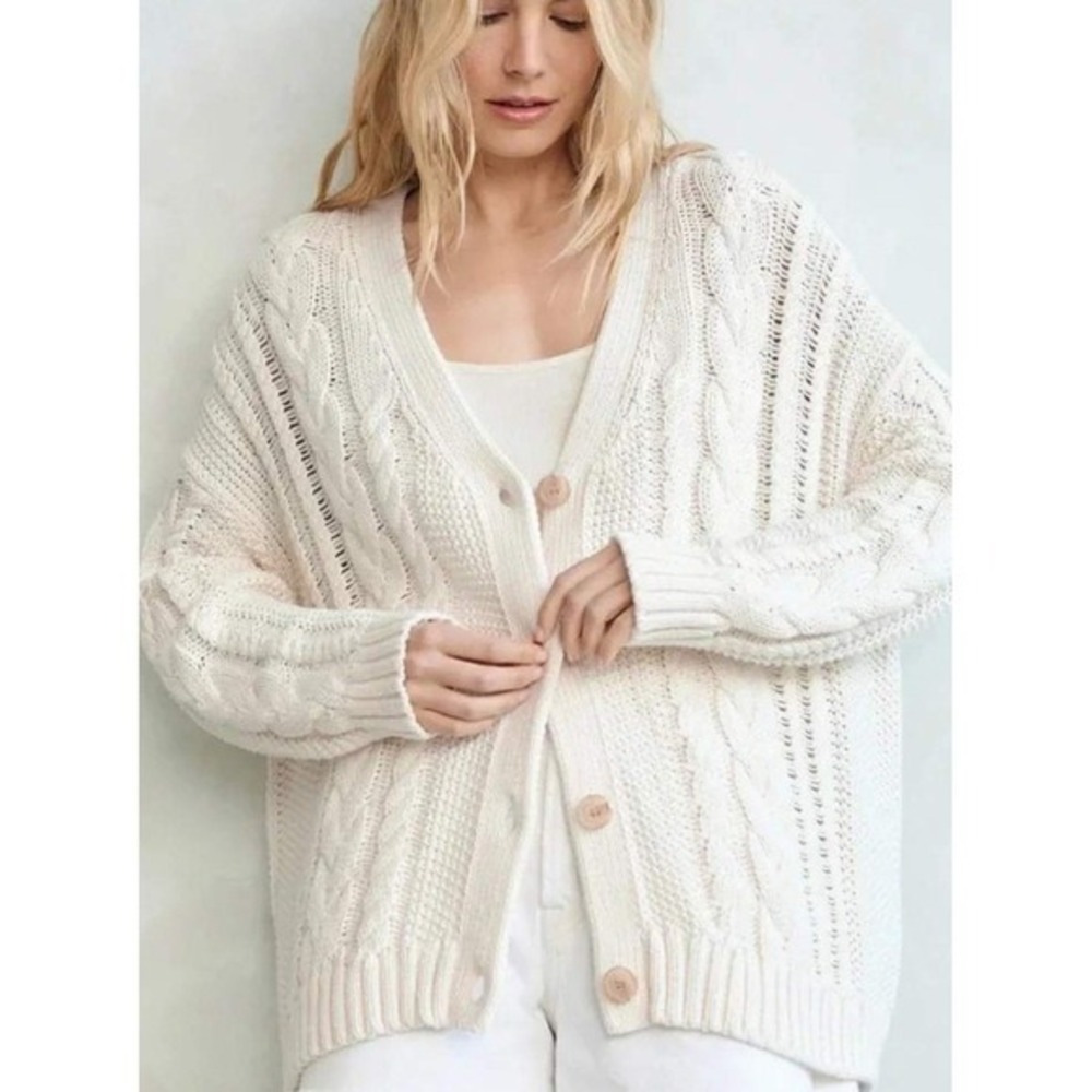 Jenni Kayne Cable Cocoon Cream Wool Alpaca Blend Cardigan Sweater Size Small